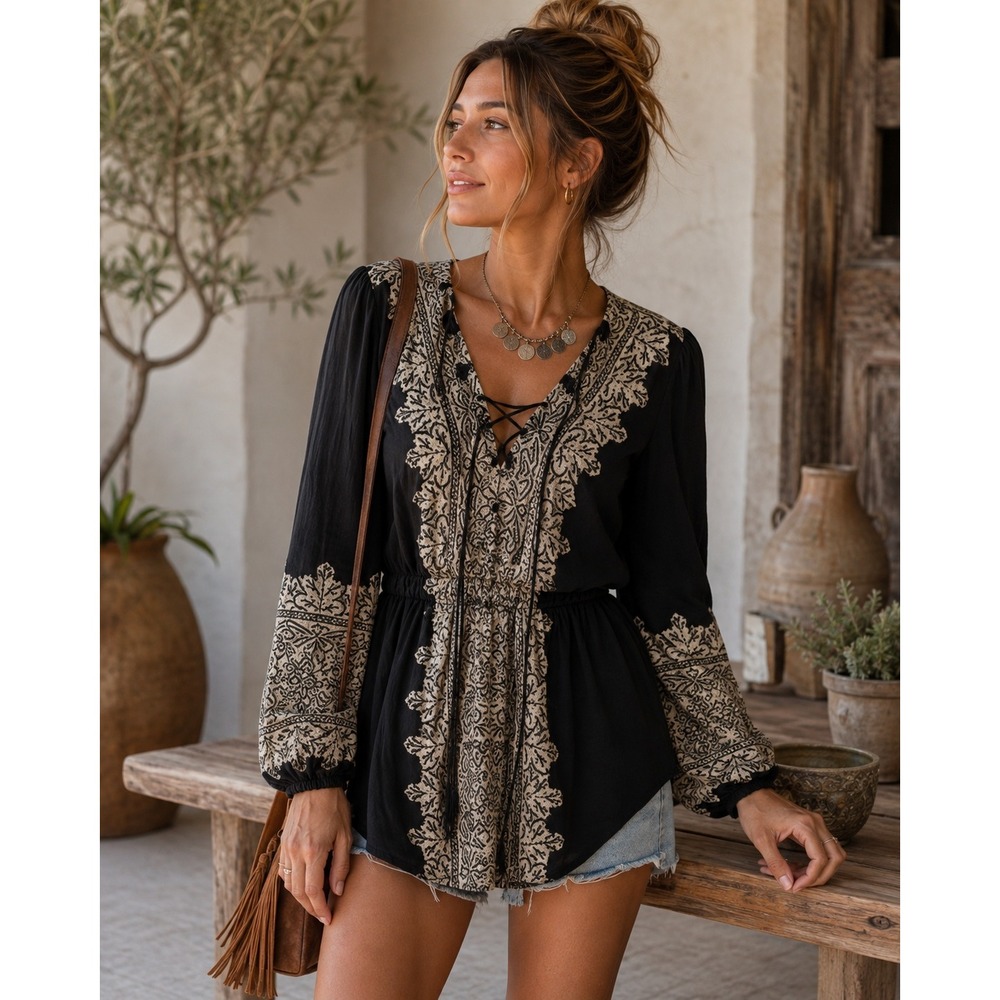 Free People Tunic Womens XS Black Boho Peasant Sequin Lace Up